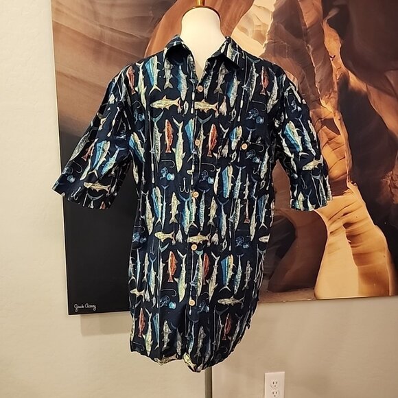 Joe Marlin Shirt Men's Large Tall Blue Fish Print Cotton Button Down Casual - Picture 1 of 5
